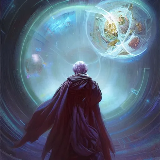 Image similar to the creator of worlds wearing a cloak and holding a holographic planet projection in his hand, detailed, sci - fi, digital painting, artstation, sharp focus, illustration, ominous, artgerm, tomasz alen kopera, peter mohrbacher, donato giancola, joseph christian leyendecker, wlop, frank frazetta