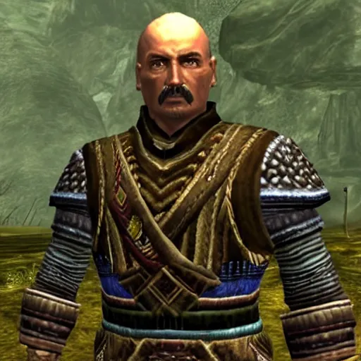 Prompt: Alexander Lukashenko in Balmora in Elder Scrolls III: Morrowind, 2002 Morrowind graphics