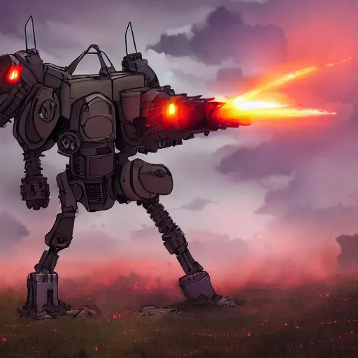 Image similar to a mech with guns on each arm preparing for combat, battlefield, dead trees, fire, smoke, dark clouds, slightly sunny, ominous, intense, epic, extremely detailed, cinematic lighting, studio ghibli, anime, steampunk, cool,