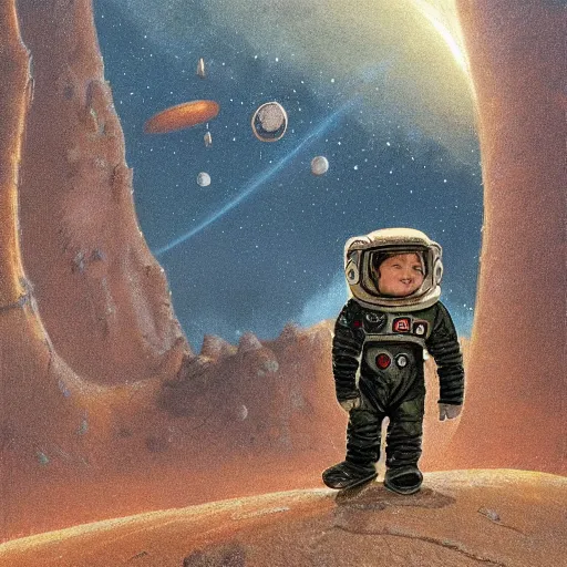 Prompt: A little boy with brown hair wearing a space suit getting q Upgrade on his blaster, Graceful body structure,cute,Symmetrical face,highly detailed,elegant,Marc Simonetti and Caspar David Friedrich, Trending on artstation,depicted as a scifi scene