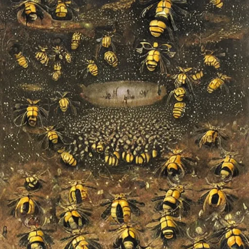 Image similar to a swarm of bumblebees attacking + + sleeping people in hell + +, art by bosch, highly detailed, masterpiece