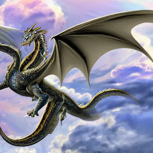 Image similar to A detailed and beautiful dragon flying surrounded by clouds and lightning in the sky with wings spread wide, 8k, hyper realistic