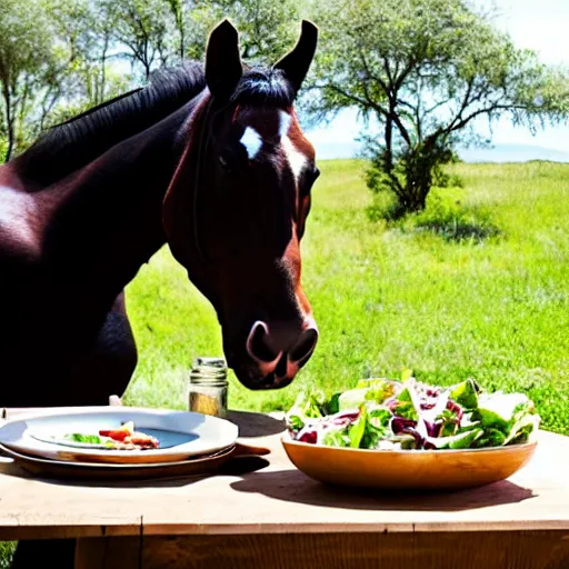 Image similar to a large humanoid horse sitting at a rustic table eating a small side salad