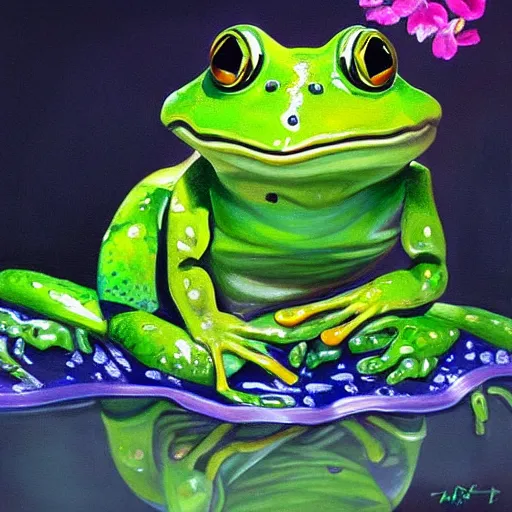 Image similar to a beautiful painting of singular frog frog dripping garden, trending on artstation