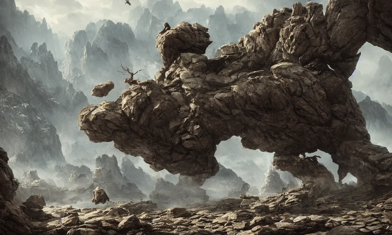 Prompt: creature made of rocks throwing rocks alpine valley. tooth wu, edward gorey, greg rutkowski, andreas achenbach, artgerm, mikko lagerstedt, zack snyder, tokujin yoshioka