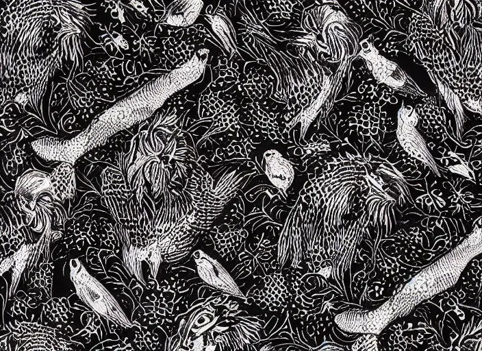 Image similar to pattern dobermage puppies, blackberries pattern, blackbirds, blackskulls, elegant, dark matte, insanely detailed and intricate, hypermaximalist, elegant, ornate, hyper realistic, super detailed, by James Audubon