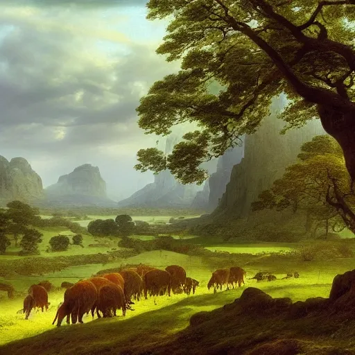 Image similar to pastoral tribute to caspar david friedrich a wide expansive valley with verdant foliage, tall broad oaks, a beautiful pellucid river running betwixt gorgeous igneous rock driven up by glaciers oil paint rendering jonas de ro