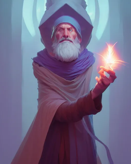 Image similar to highly detailed vfx portrait of an old mage casting a light spell, unreal engine, greg rutkowski, loish, rhads, beeple, makoto shinkai and lois van baarle, ilya kuvshinov, rossdraws, tom bagshaw, alphonse mucha, global illumination, detailed and intricate environment