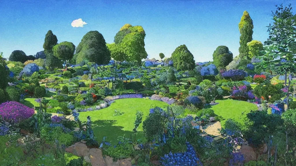 Image similar to an artificial garden with blue skies, landscape, moebius,