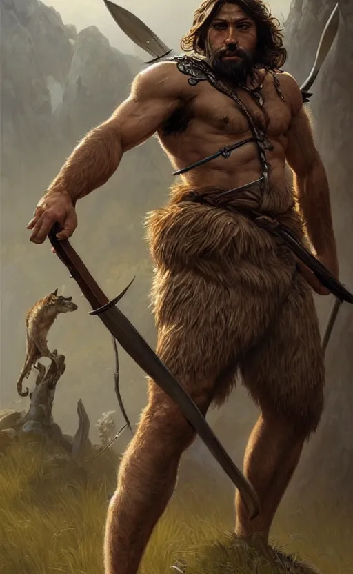 Prompt: full body portrait of a gruff ranger with a spear, wolf companion, muscular, handsome face, hairy body, D&D, fantasy, intricate, elegant, highly detailed, digital painting, artstation, concept art, matte, sharp focus, illustration, art by Artgerm and Greg Rutkowski and Alphonse Mucha