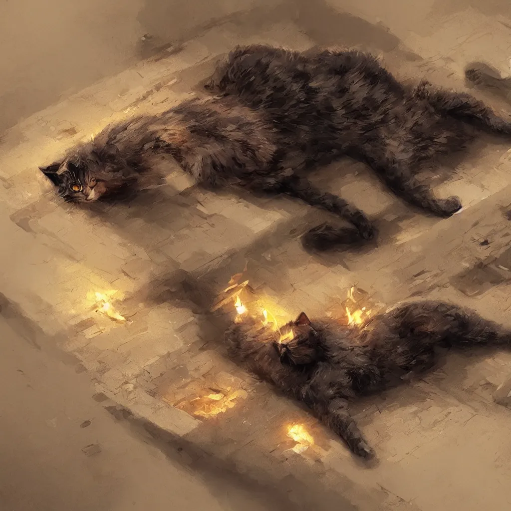 Image similar to cat laying on bed in under ground base, concept art, by greg rutkowski, fire