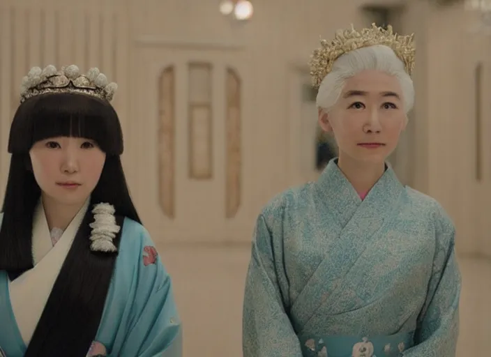 Prompt: a film still of a japanese princess young lady, with white hair and bangs!!!! in the grand budapest hotel ( 2 0 1 4 )
