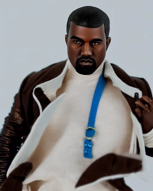 Image similar to 1970s action figure of Kanye West, product photography, plastic toy, white background, isolated background, studio lighting