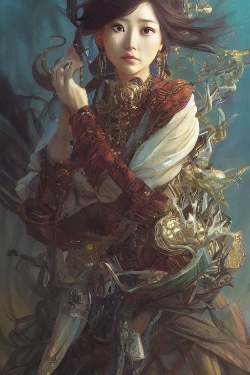 Image similar to Momoko Gumi Company (BiSH) portrait, D&D, MtG art,fantasy, intricate, elegant, highly detailed, digital painting, artstation, concept art, smooth, sharp focus, hyperrealistic,illustration, art by artgerm and greg rutkowski and alphonse mucha