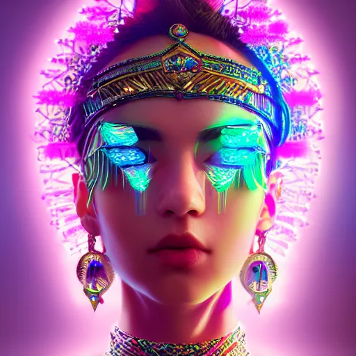 Image similar to portrait highly detailed beautiful symmetrical face high priestess intricate elegant detailed crystal jewellery with tribal feathers, lush colourful volumetric lighting, anime digital painting, concept art, smooth, sharp focus 3 d, divine realm of gods, realistic cinematic style, octane render, photographic, unreal engine 8 k