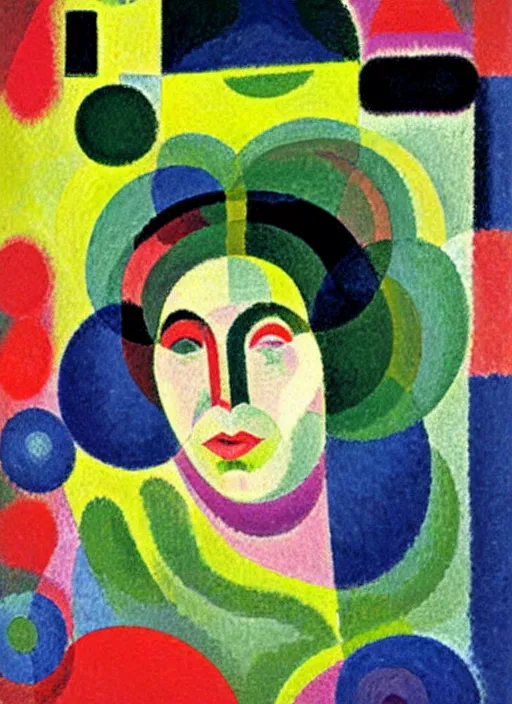 Image similar to an extreme close-up abstract portrait of a lady enshrouded in an impressionist representation of Mother Nature and the meaning of life by Sonia Delaunay and Igor Scherbakov, abstract colorful lake garden at night, thick visible brush strokes, figure painting by Anthony Cudahy and Rae Klein, vintage postcard illustration, minimalist cover art by Mitchell Hooks