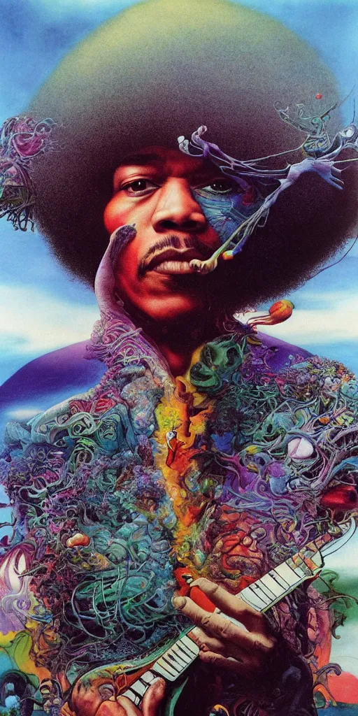 Image similar to ultrawide angle colour masterpiece surreal closeup portrait photography of jimi hendrix playing on stage by miho hirano and annie leibovitz and michael cheval, weird surreal epic psychedelic complex biomorphic 3 d fractal landscape in background by kilian eng and roger dean and salvador dali and beksinski, 8 k