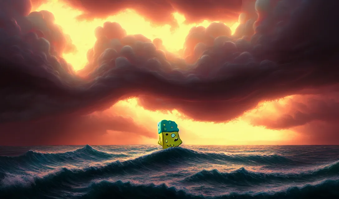 Prompt: ocean storm at dusk, giant spongebob emerging from water, golden hour lighting, cinematic, establishing shot, extremely high detail, photorealistic, cinematic lighting, post-processed, concept art, artstation, matte painting in the style of eddie mendoza, adam hughes, bob ross