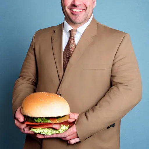 Prompt: clean - shaven smiling white chubby italian american man in his 4 0 s wearing a brown long overcoat and necktie holding a giant burger, 2 0 0 0 avertising promo shot, studio lighting