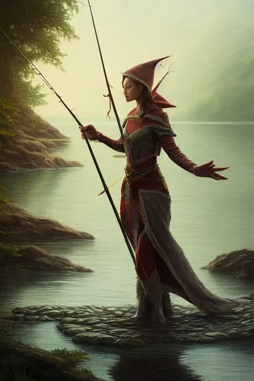 Image similar to elegant elf fishing in lake, highly detailed, d & d, fantasy, highly detailed, digital painting, trending on artstation, concept art, sharp focus, illustration, global illumination, ray tracing, realistic shaded, art by artgerm and greg rutkowski and fuji choko and viktoria gavrilenko and hoang lap