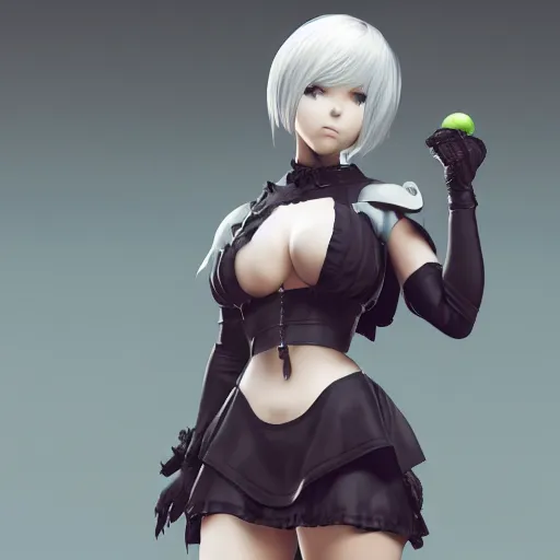 Image similar to 2B nier automata holding a apple, detailed, artstation, concept art, Unreal Engine 5 render, gameplay showcase, 8K