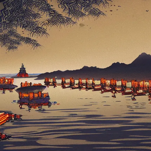 Image similar to concept art, river lanterns on the eve of ullambana festival, high resolution, by james gurney, katsushika hokusai, fujishima takeji, hiroshi yoshida, artstation