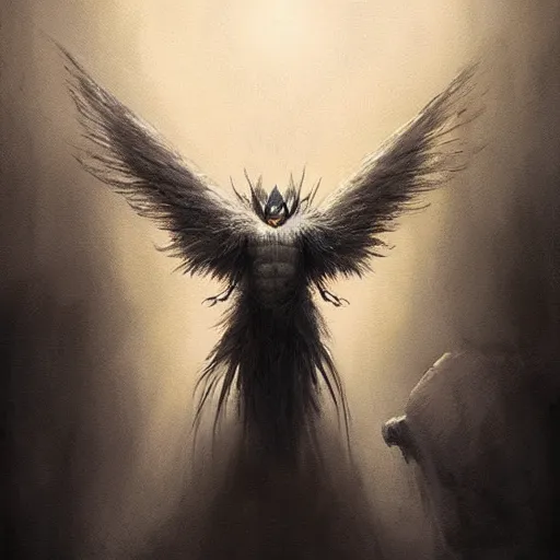 Prompt: a hyper realistic portrait painting of the mothman, glowing eyes, creepy, backlight, horror vibe, real, realistic lighting in the style of greg rutkowski, trending on artstation,