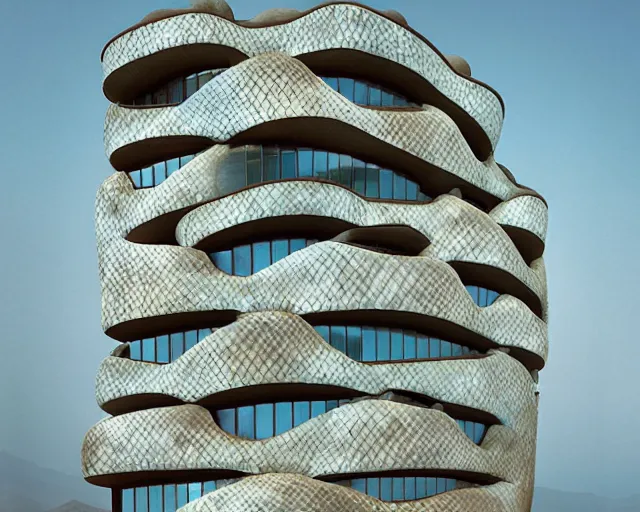 Image similar to snake oil as a building. Neo-Andean architecture by Freddy Mamani