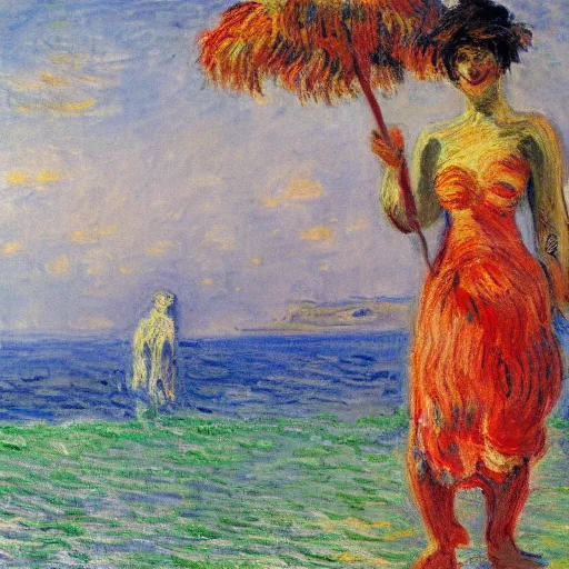 Image similar to a mummy and a werewold holding hands on ipanema beach by monet