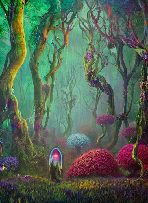 Image similar to a small psychedelic surreal horror giant made of multicolored psychotropic trees and flowers, magical creatures in the chaotic spirit forest, fulcolor octane reminder, cinematic, ultra - realistic, bizarre weird cosmic conceptual tribal art