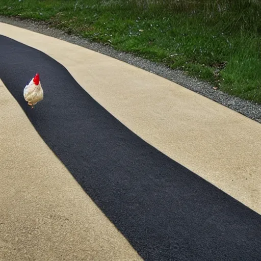 Prompt: a chicken walking on a mobius strip motorway, black alphlat, 4k, award winning photography, superrealistic