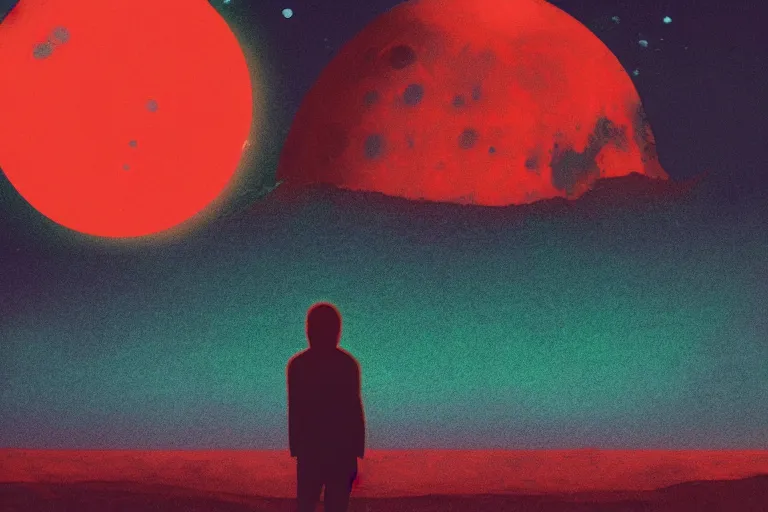 Image similar to a sad human standing on mars in the style of flooko, acrylic art, detailed, moonlight, red lighting, bokeh, synthwave, psychedelic, glitch, neon,