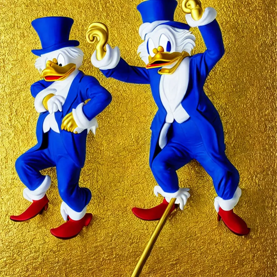 Image similar to Scrooge McDuck from the Duck Tales in blue costume standing on a mountain of golden gold and holding a cane, view from below, full body portrait including head, oil painting, highly detailed