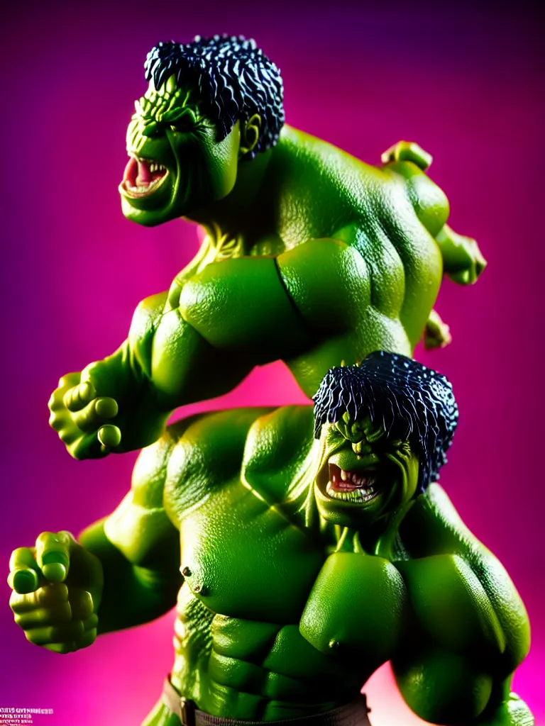 Image similar to hyperrealistic rendering, hulk by bernie wrightson and killian eng and joe fenton, product photography, action figure, sofubi, studio lighting, colored gels, colored background