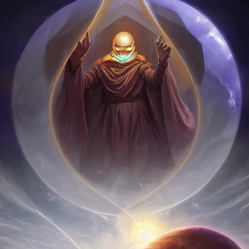 Image similar to creator of worlds wearing a cloak, masked, and holding a holographic planet projection in his hand, detailed, sci - fi, digital painting, artstation, sharp focus, illustration, ominous, artgerm, tomasz alen kopera, peter mohrbacher, donato giancola, joseph christian leyendecker, wlop, frank frazetta