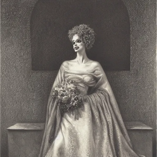 Image similar to portrait of young elsa lanchester as the bride, frankenstein, by gustave dore,