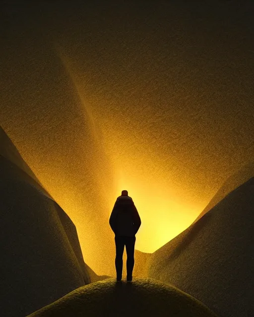 Image similar to a man standing in the middle of a mountain looking at a glowy shape, a render by filip hodas, behance contest winner, environmental art, rendered in cinema 4 d, volumetric lighting