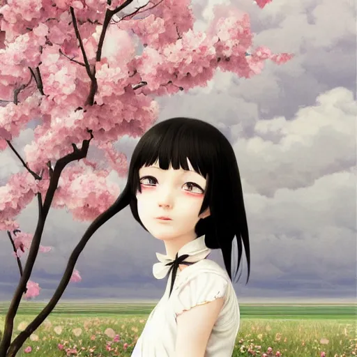 Image similar to little girl with her long black hair flower, dressed in a simple white dress, anime art style, digital artwork made by ilya kuvshinov, inspired in balthus