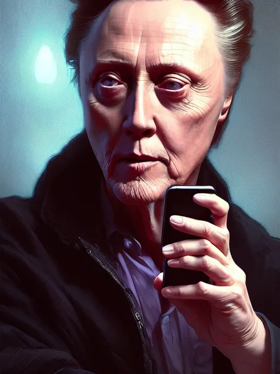 Prompt: portrait of christopher walken playing on his phone, intricate, headshot, highly detailed, digital painting, artstation, concept art, sharp focus, cinematic lighting, illustration, art by artgerm and greg rutkowski, alphonse mucha, cgsociety