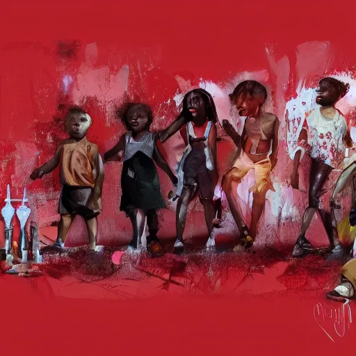 Prompt: black kids mixing with dna's and crowns in the red abstract background with broken mirrors, a matte painting by Naudline Cluvie Pierre, trending on artstation