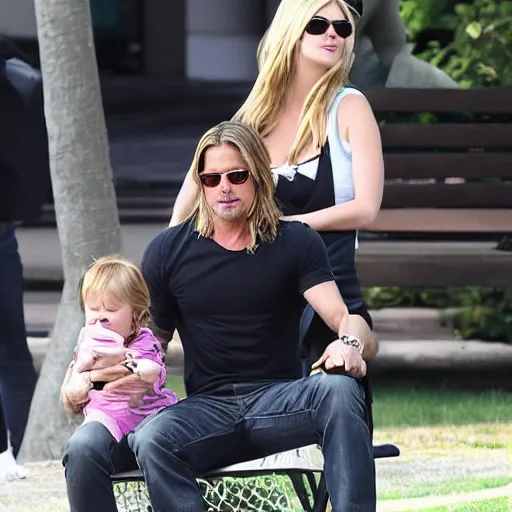 Prompt: a picture of brad pitt, with kate upton or ashley greene, with a baby, at the park and he is sitting and crying with the baby