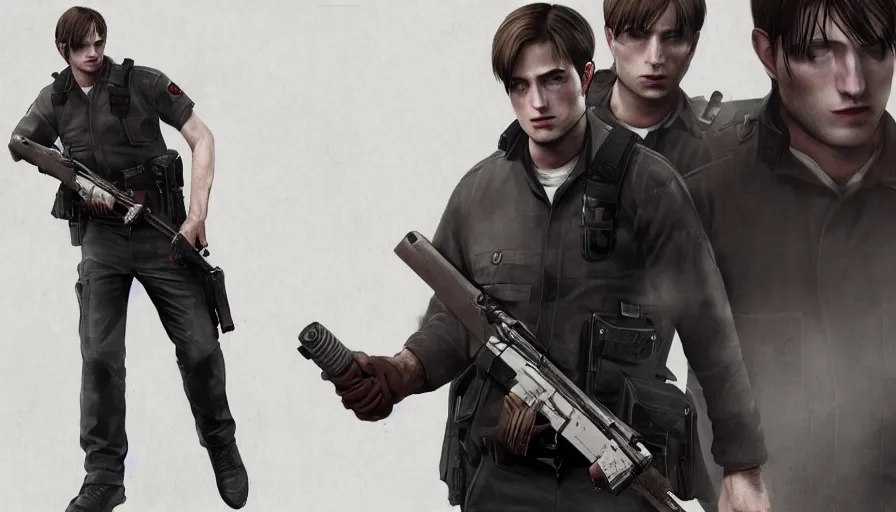 Prompt: Robert Pattinson is Leon S. Kennedy from Resident Evil 2, hyperdetailed, artstation, cgsociety, 8k