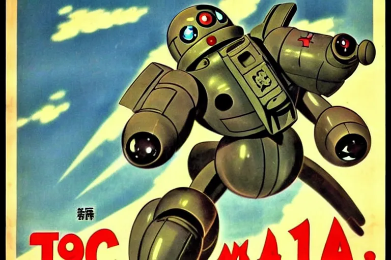 Prompt: 1940s, war, anime, poster, tachikoma