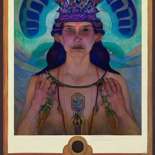 Image similar to the dawn crown, by Annie Swynnerton and Nicholas Roerich and Diego Rivera, bioluminescent skin, feather tattoos, elaborate costume, geometric ornament, symbolist, soft colors, smooth, sharp focus, extremely detailed