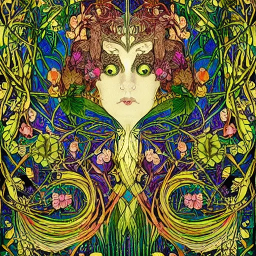 Prompt: rainbow coloured fine detailed ornate green man as a cat face circle made of reeds leaves scrolls twists flowers trees fractals by amanda sage and harry clarke and aubrey beardsley and heinz edelman and william morris, 8 k, artstation
