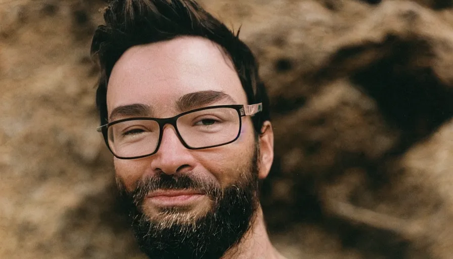 Image similar to far view, extremely skinny malnourished jimmy fallon with long beard, wearing dirty overalls, dirty greasy face, grin, portrait, close up, kodak gold 2 0 0, 5 0 mm,