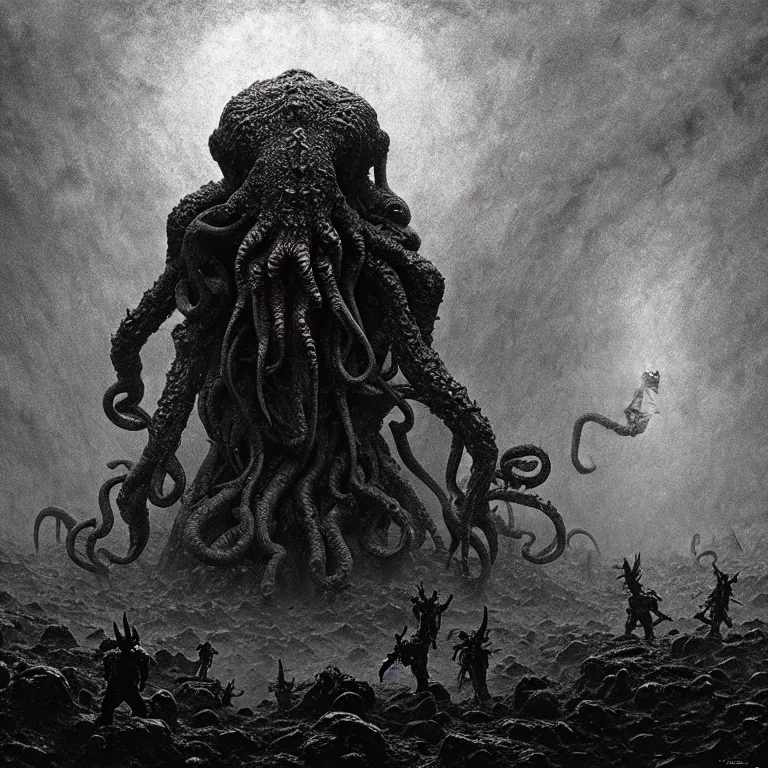 Image similar to a cinematic scene from the human soldiers fleeing cthulhu, lovecraft, concept art by beksinski and jean delville, dramatic lighting, ultra hd, hdr, 8 k