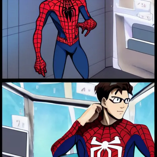 Image similar to peter parker with spider - man hoodie as a cryptocurrency trader in fate stay night anime style