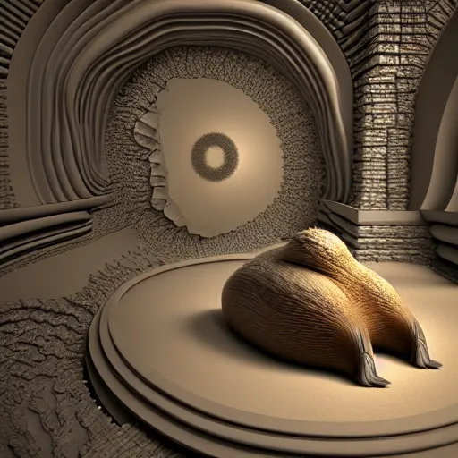 Image similar to hyperrealism computer simulation visualisation parallel universe beavers by caravaggio in style of mandelbulb 3 d and voxel graphics rendered in blender and octane render