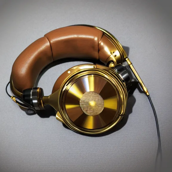 Image similar to masterpiece photo of beautiful crafted retro bismuth headphones in a silk padded leather case, gold metal, bismuth cups, leather padding, displayed on mahogany desk, modernist headphones, wood headphones beautiful well designed, hyperrealistic, audiophile, intricate hyper detail, extreme high quality, photographic, meze audio, sennheiser, hifiman, artstation